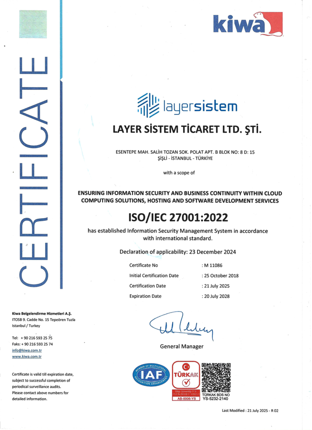 ISO/IEC 27001:2022 Sertifikası — Layer Sistem Ticaret Ltd. Şti.
